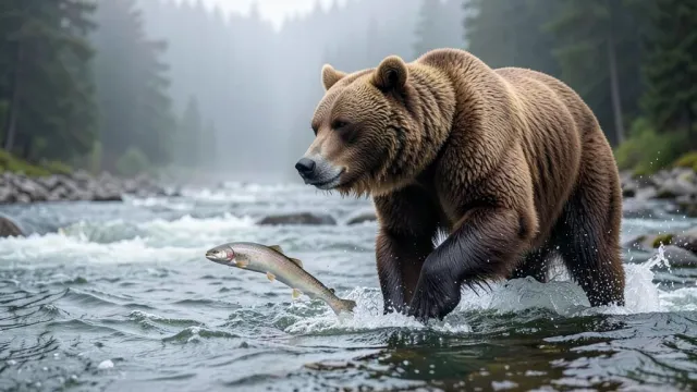 Large brown bear in rushing river catching leaping salmon with water splashing around its paws