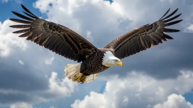 Majestic bald eagle soaring with wings spread wide against a dramatic cloudy sky