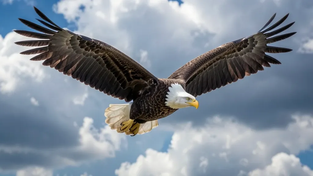 Majestic bald eagle soaring with wings spread wide against a dramatic cloudy sky
