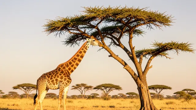 Tall giraffe stretching toward an acacia tree on golden savanna under a wide African sky