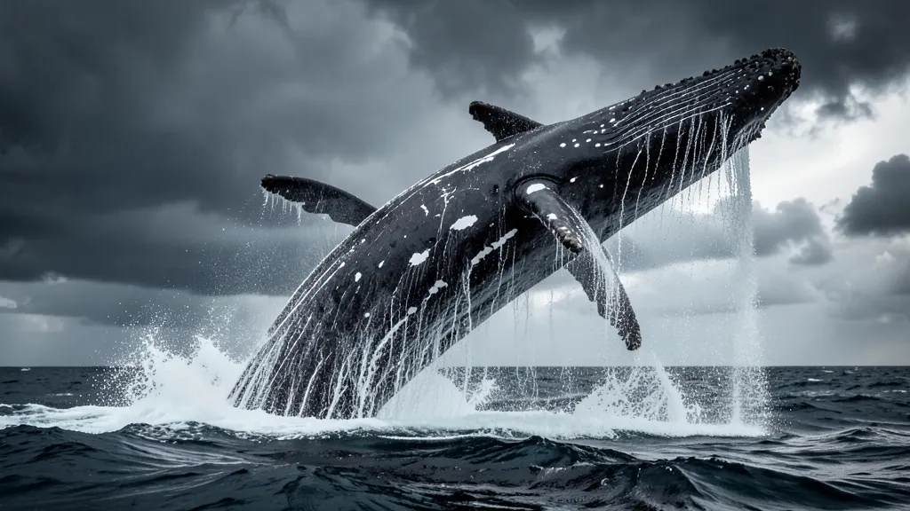 Majestic humpback whale breaching from stormy ocean with water cascading off its body