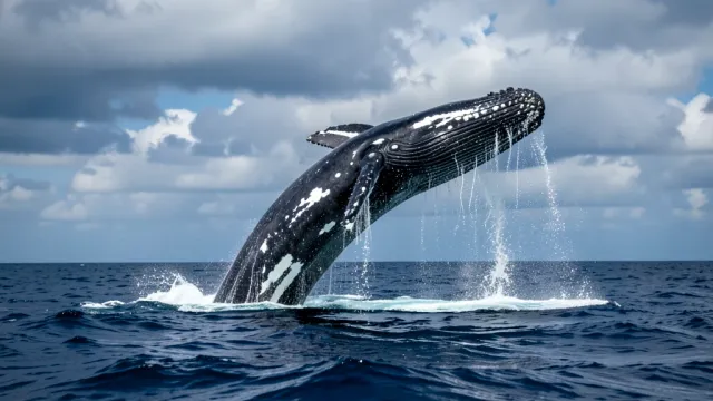 Majestic humpback whale breaching from deep blue ocean with water cascading off its body