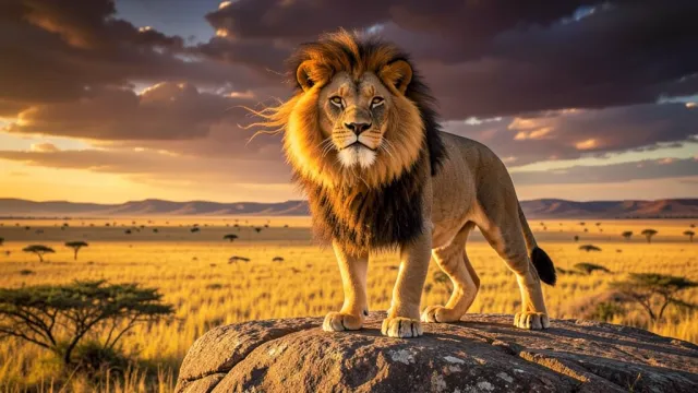 Powerful male lion standing on a granite outcrop with flowing mane and golden savanna below