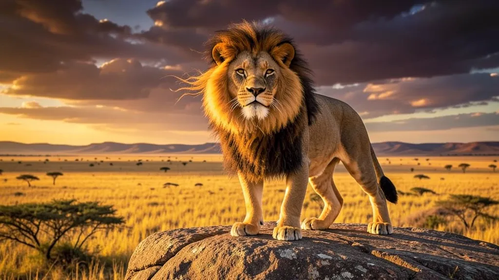 Powerful male lion standing on a granite outcrop with flowing mane and golden savanna below