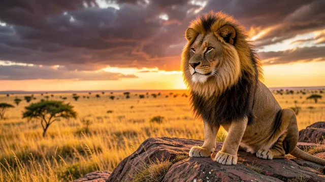Male lion with full mane sitting on a rocky outcrop against golden savanna and sunset clouds