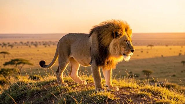 Adult male lion walking on a grassy ridge at sunset with vast savanna stretching behind