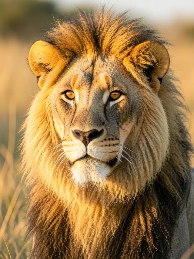 Majestic adult lion with full golden mane and amber eyes in golden hour savanna light