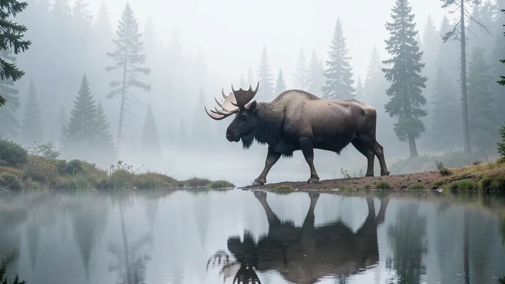 Large bull moose with massive antlers reflected in a calm lake, mist drifting through pine trees