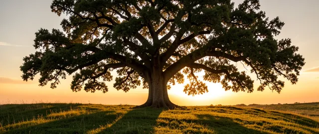 Lone ancient oak tree with wide branches on a grassy hill at sunset with golden light through leaves
