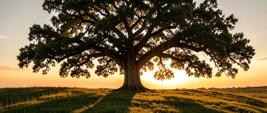 Lone ancient oak tree with wide branches on a grassy hill at sunset with golden light through leaves