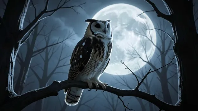 Great horned owl perched on a bare branch with full moon behind and silver light through trees
