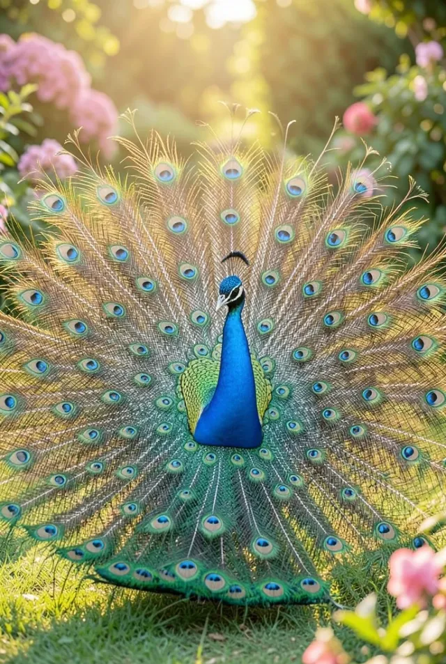 Majestic peacock displaying iridescent blue and green tail feathers in an elegant garden