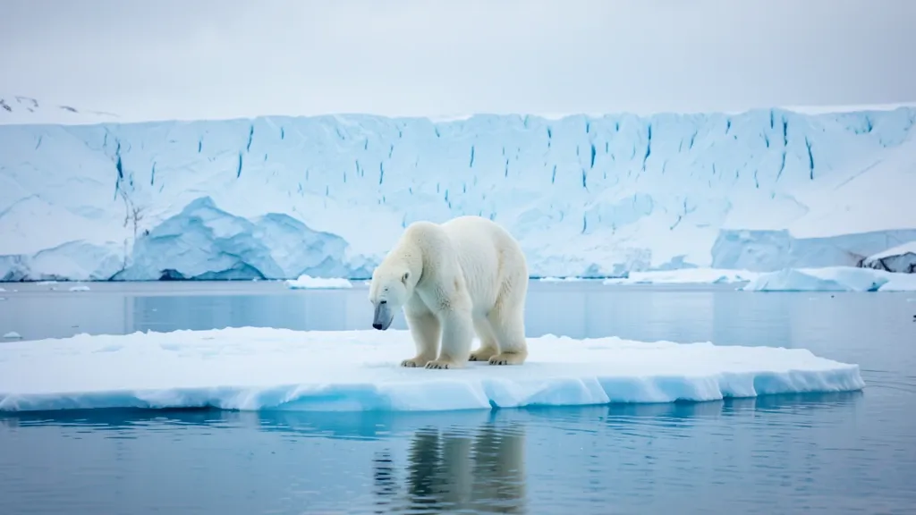 Lone polar bear standing on a blue-white iceberg with calm arctic water and distant glacier