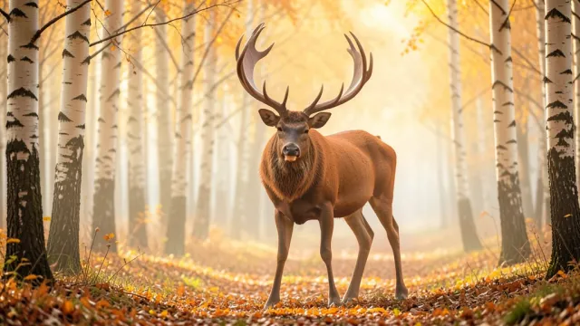 Large red deer stag with impressive antlers standing in a golden birch forest with fallen leaves