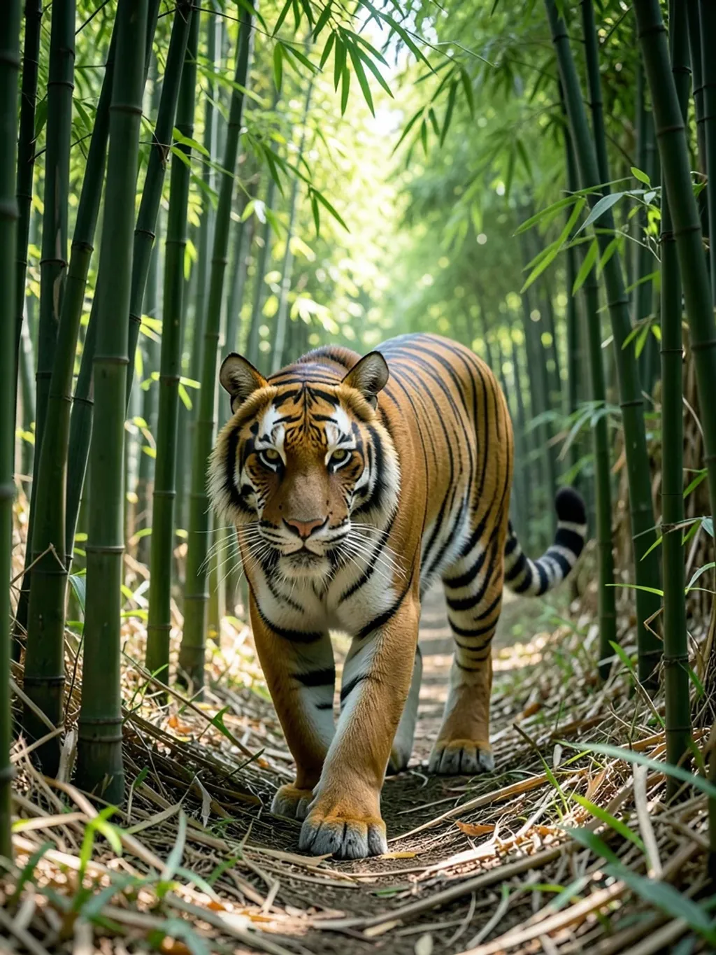 Powerful Bengal tiger walking through dense bamboo forest with stripes contrasting against green stalks