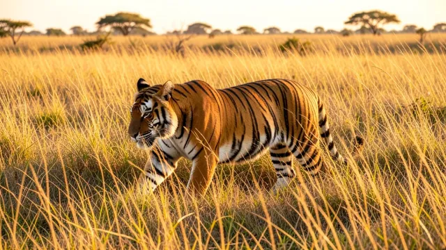 Bengal tiger walking through tall golden grass at sunset with stripes visible and distant trees