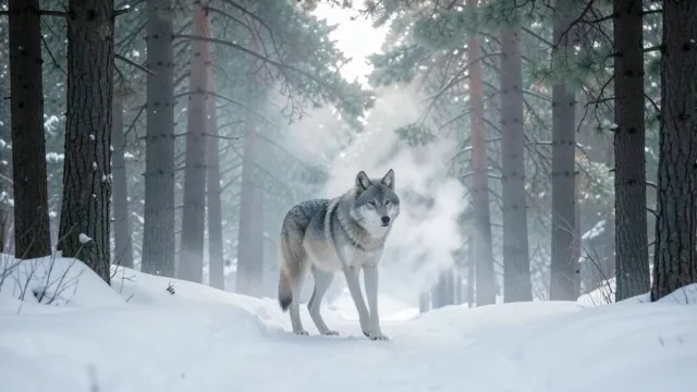 Lone grey wolf standing on a snow-covered path between tall pine trees with visible breath in cold air