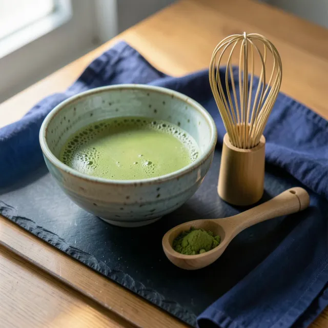 Matcha set on slate with a whisked celadon bowl, standing bamboo whisk and a scoop of powder