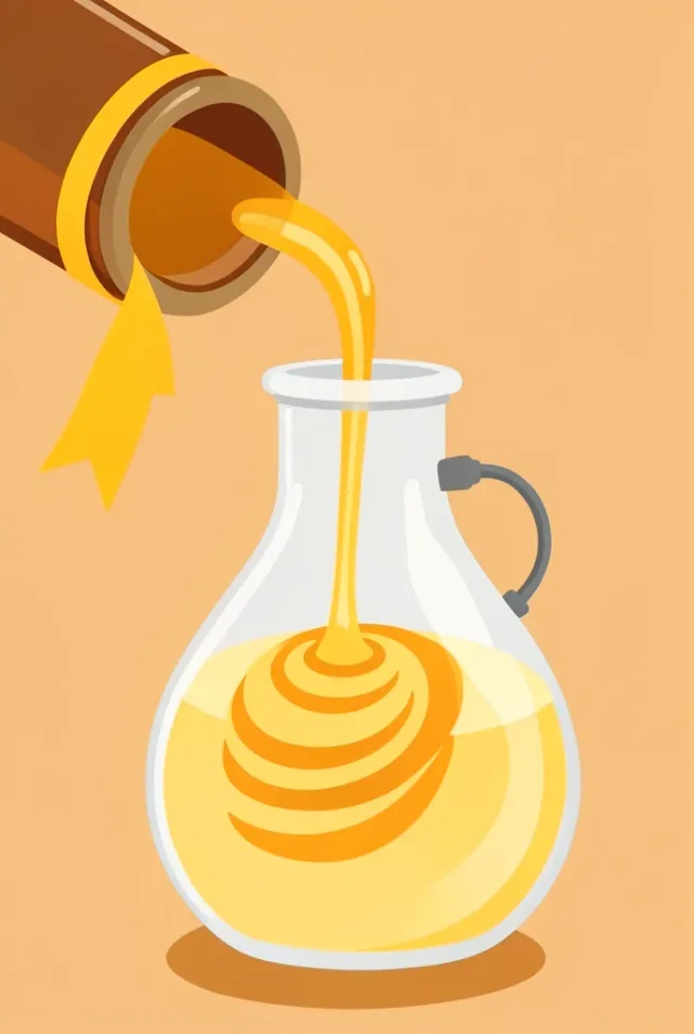 Flat illustration of honey pouring in a ribbon into a glass carboy with an airlock