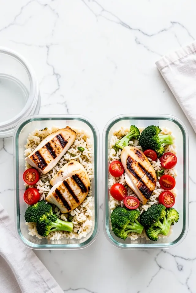 Four glass meal-prep containers of chicken, rice and vegetables in a row on marble