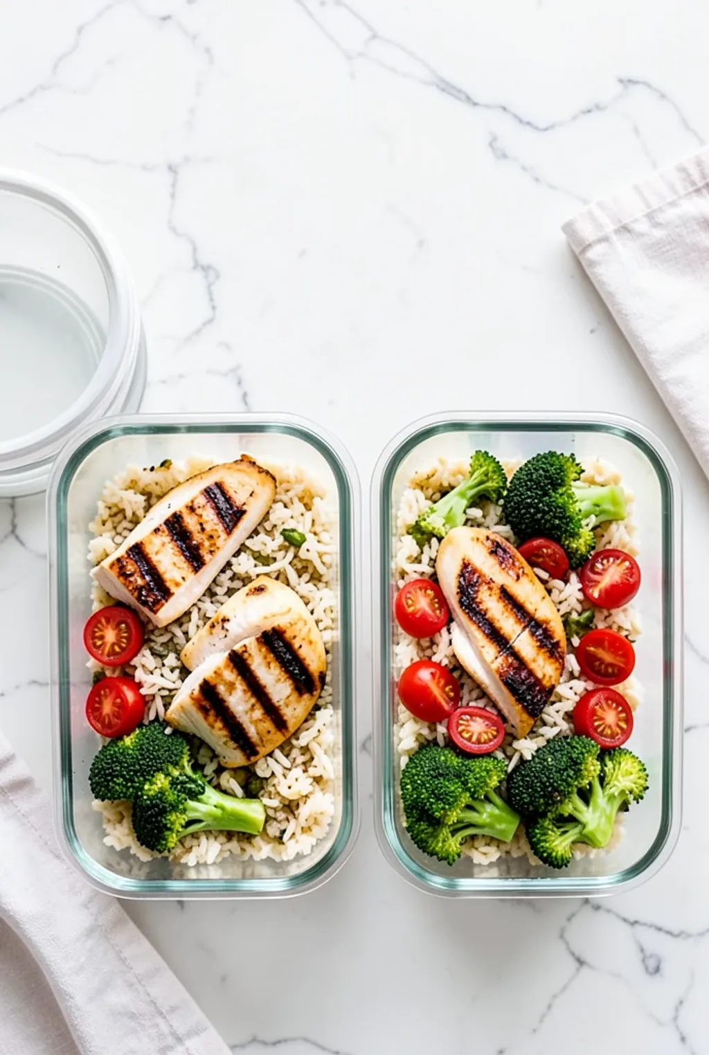 Four glass meal-prep containers of chicken, rice and vegetables in a row on marble