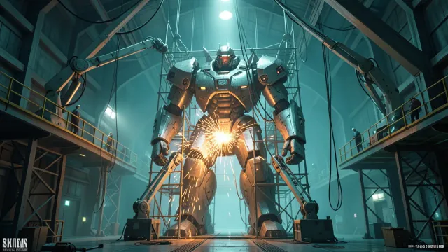 Giant humanoid mecha under construction by crane arms with welding sparks in an industrial sci-fi hangar