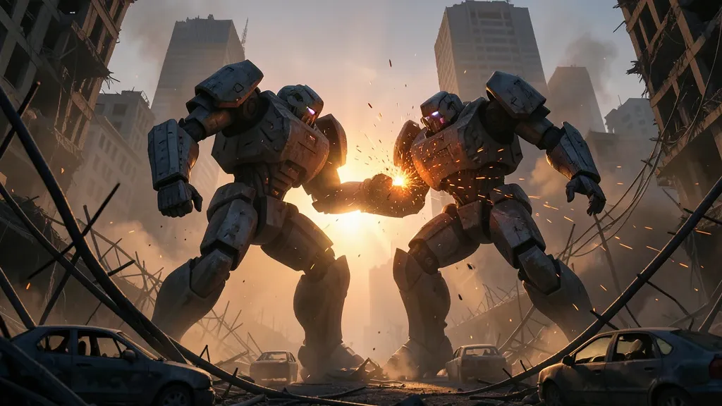 Two giant battle mechs fighting among collapsed skyscrapers at dusk with sparks, smoke, and orange god rays