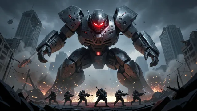 Mecha boss battle concept with a giant robot and small squad in a ruined city