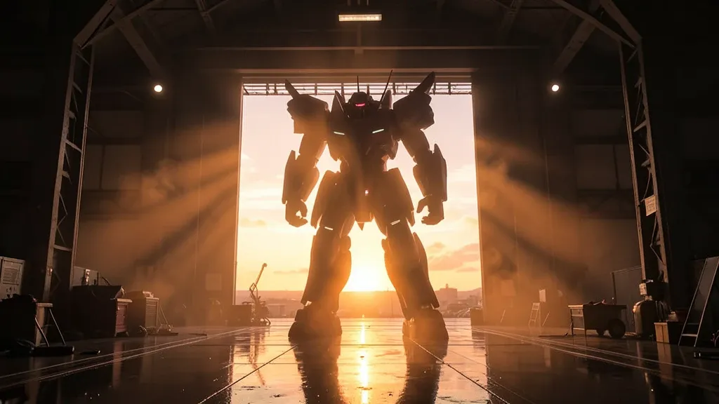 Giant mecha silhouetted against orange dawn light through massive open hangar doors with god rays