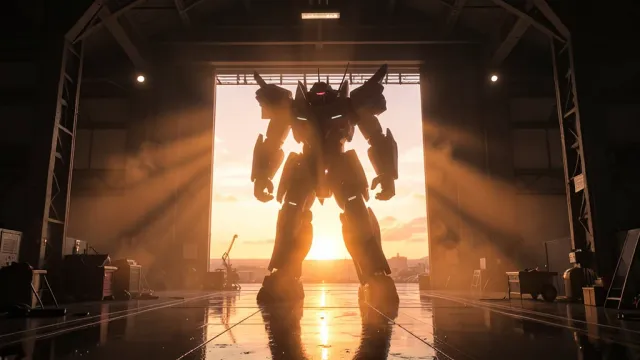 Giant mecha silhouetted against orange dawn light through massive open hangar doors with god rays