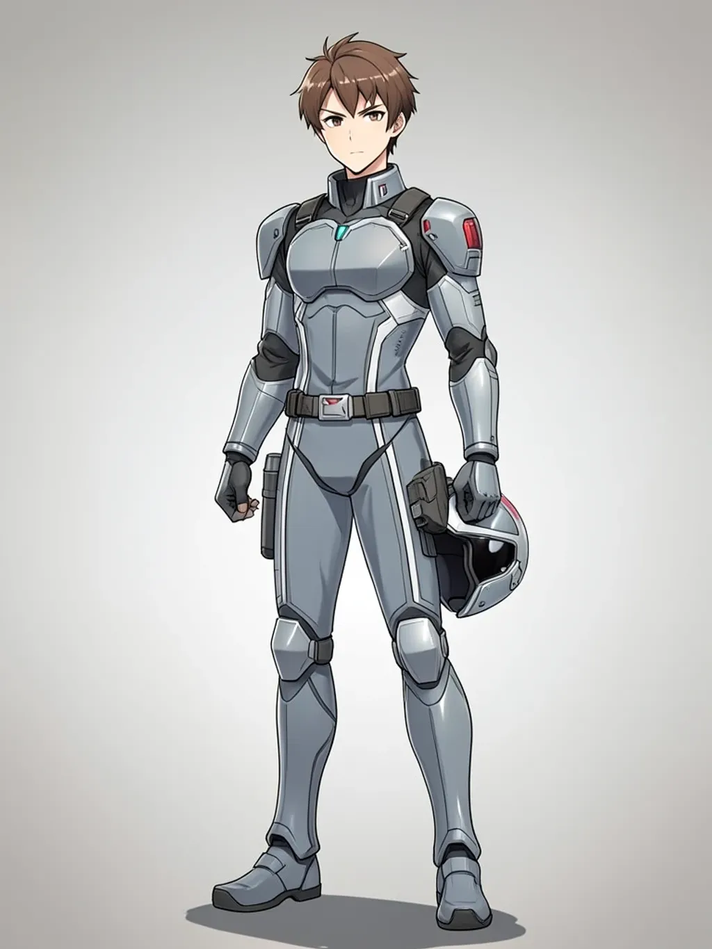 Anime mecha pilot in a futuristic flight suit holding a helmet, full-body character reference sheet