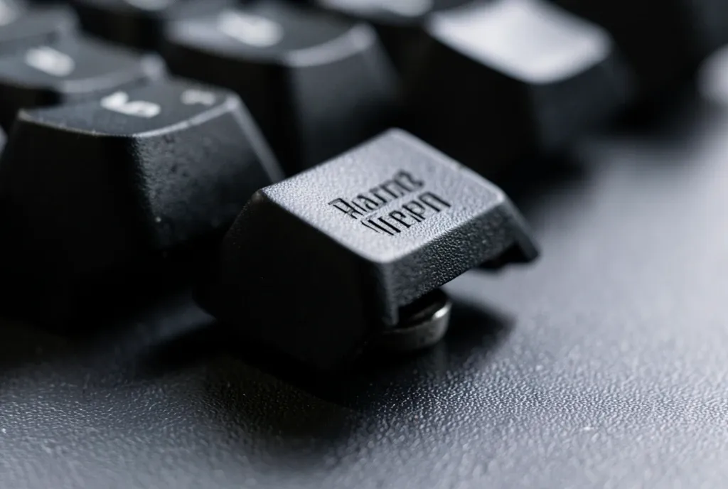 Extreme macro of a single mechanical keyboard keycap with the switch stem visible
