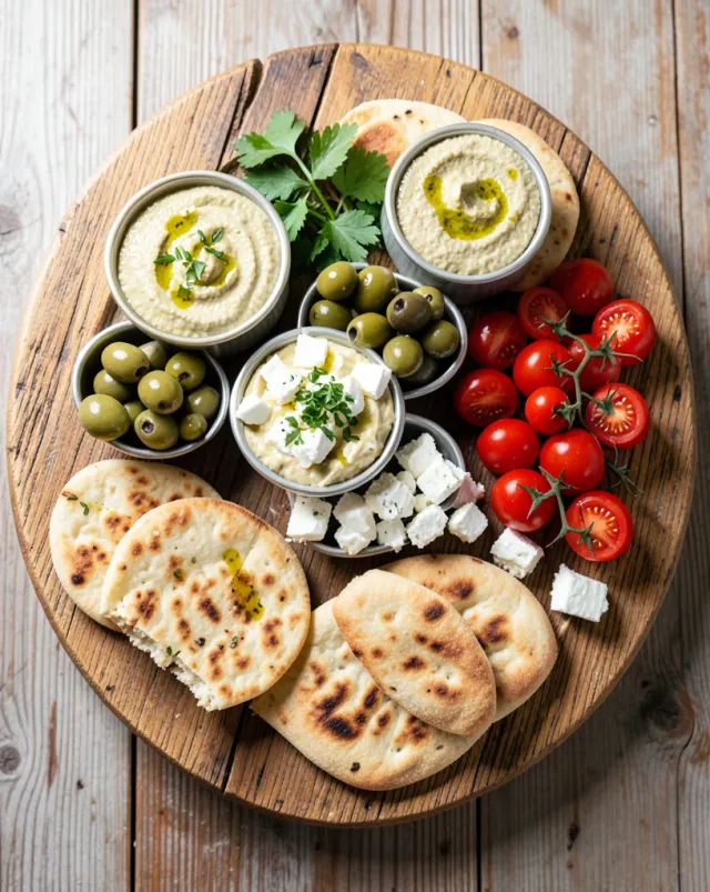 Mediterranean mezze platter with hummus, olives, feta, and fresh flatbread on a rustic board