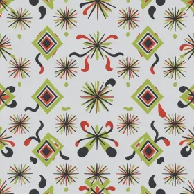 Mid-century atomic starburst seamless pattern in chartreuse charcoal and tomato red on pale grey