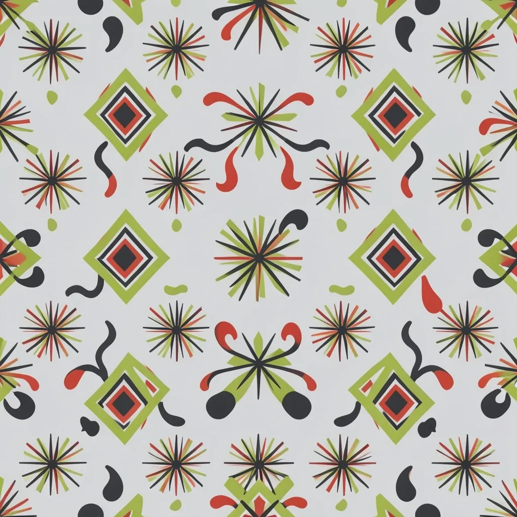 Mid-century atomic starburst seamless pattern in chartreuse charcoal and tomato red on pale grey
