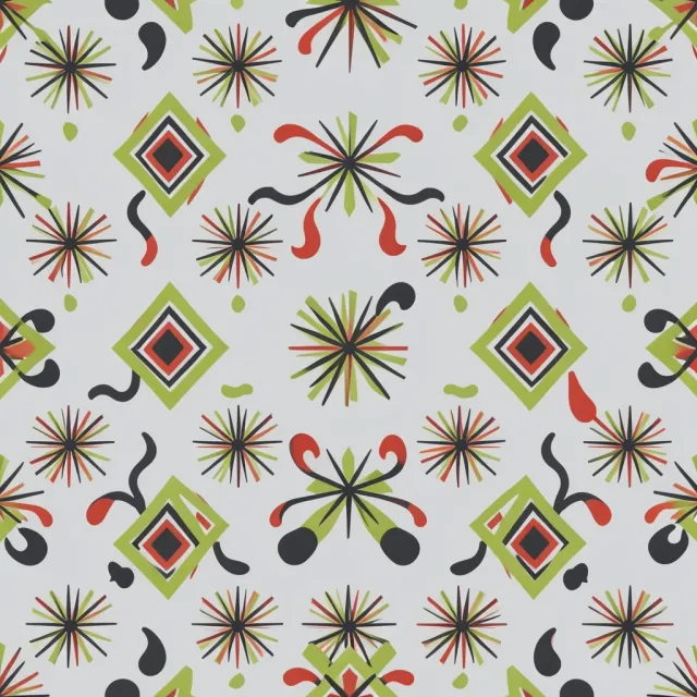 Mid-century atomic starburst seamless pattern in chartreuse charcoal and tomato red on pale grey
