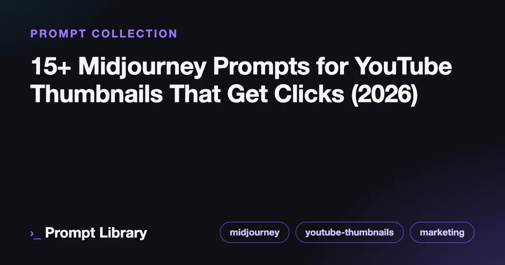 Branded cover card for the prompt collection “15+ Midjourney Prompts for YouTube Thumbnails…”, dark theme with iris accent