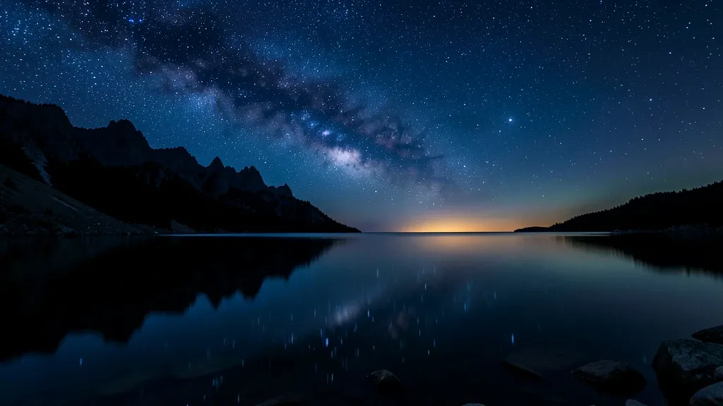 Milky Way arching over a still alpine lake with a granite ridge silhouetted and stars mirrored