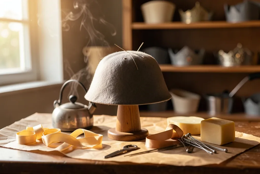 Wooden hat block with a damp pinned felt cloche, ribbon, beeswax and needles on brown paper