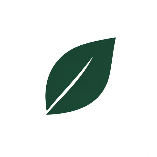 Minimal leaf logo, one curved dark green shape with a single vein line on white with strong negative space
