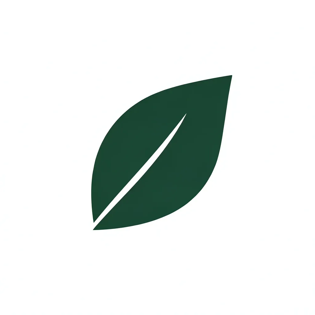 Minimal leaf logo, one curved dark green shape with a single vein line on white with strong negative space