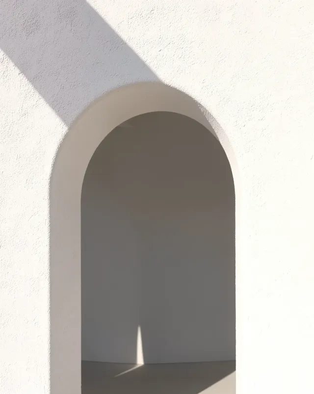 A white arch casting hard geometric sunlight shadows, minimalist SDXL render