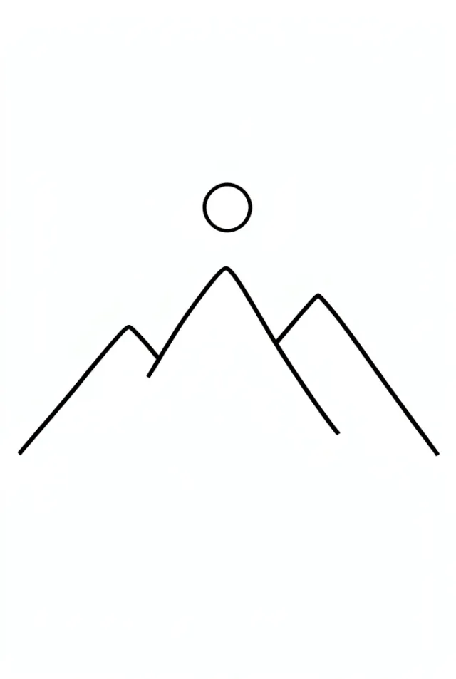Minimal line art of three overlapping mountain peaks with a small sun circle above