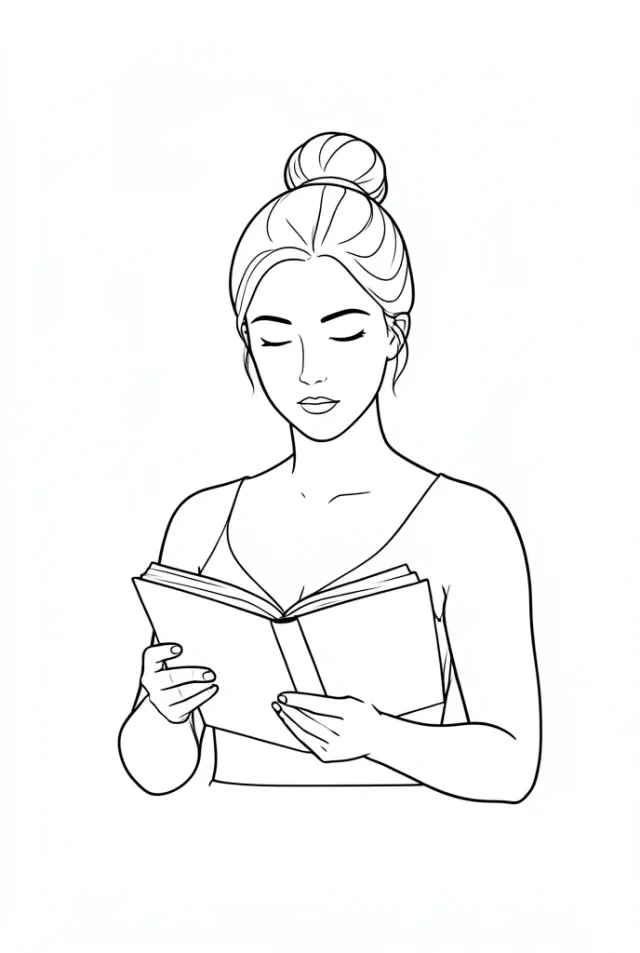 Minimal continuous line art of a woman with a bun reading an open book on a white background