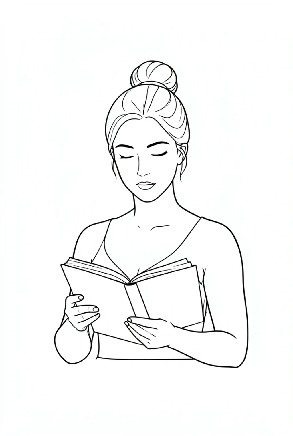 Minimal continuous line art of a woman with a bun reading an open book on a white background