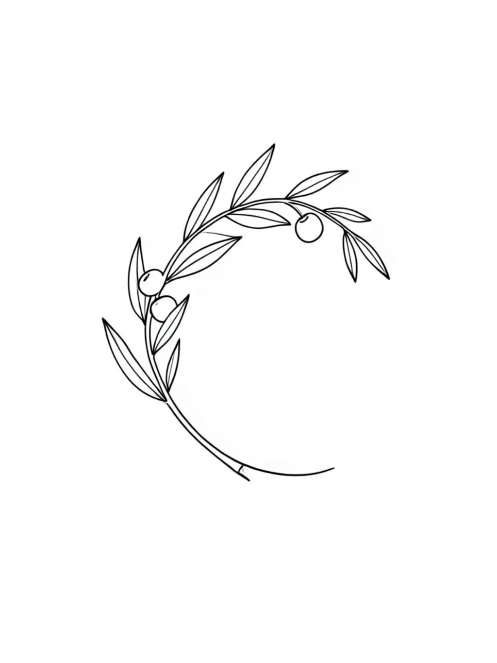 Delicate fine-line olive branch tattoo design with slender leaves and small olives in black ink on white
