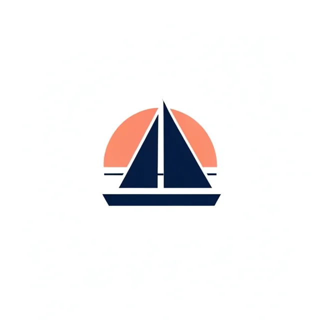 Minimal sunset sailboat logo with geometric sail and coral sun on white background