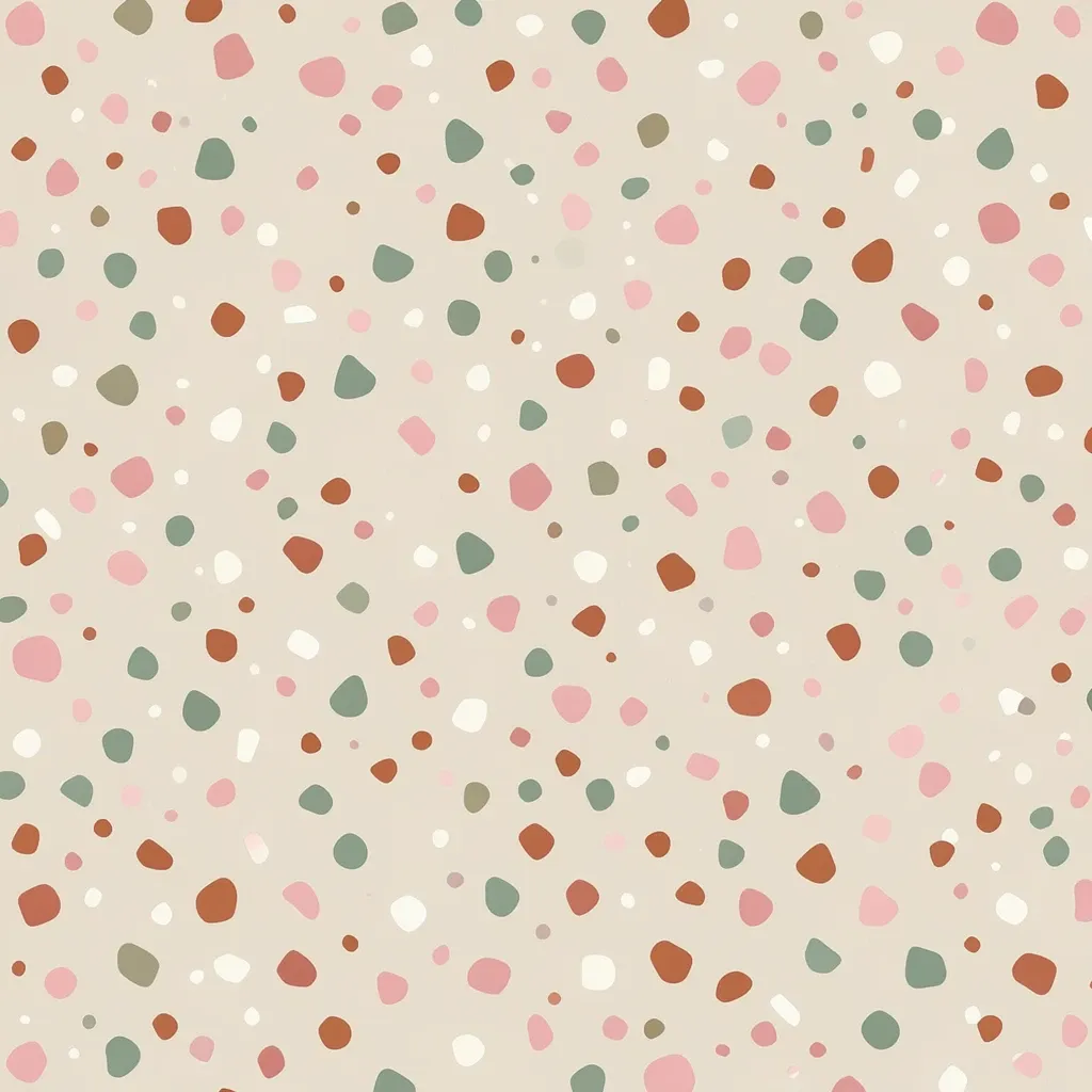 Minimal terrazzo pattern with soft pastel chips in pink, terracotta, cream, and sage on beige