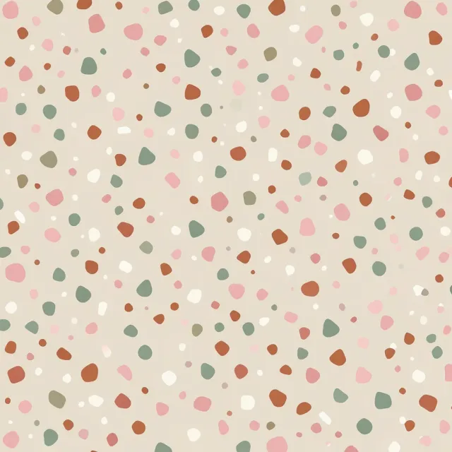Minimal terrazzo pattern with soft pastel chips in pink, terracotta, cream, and sage on beige