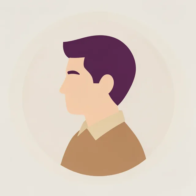 Minimal flat vector side profile avatar in plum and sand inside a soft circular badge
